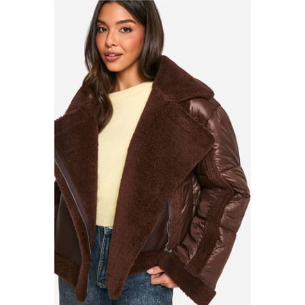 boohoo Dames Panelled Puffer Aviator | Chocolate | Maat: 8
