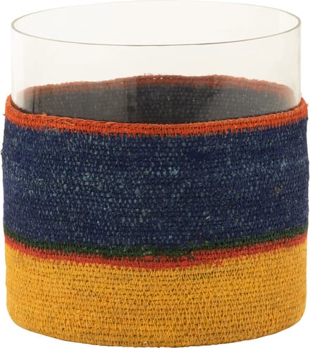 J-Line windlicht Rond Strepen - glas - donkerblauw/geel