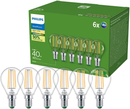 Philips LED spot Ultra Efficient P45 2,3W/827 (40W) Clear 6-pack E14