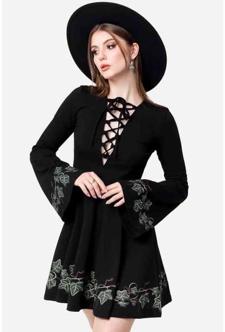 Restyle - Tangled Vines Mini jurk - XS - Zwart