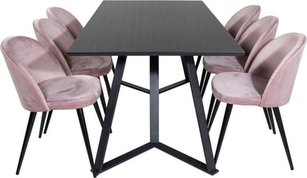MarinaBLBL eethoek eetkamertafel zwart en 6 Velvet eetkamerstal velours roze, zwart.
