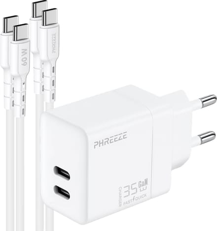 Phreeze usb C adapter 35w - Power Delivery snellader met 2x usb C naar usb C kabels 1 meter