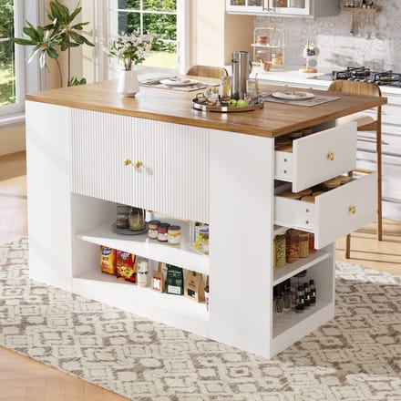 PHOEBE CAT Keukeneiland - Dressoir - Opvouwbare eettafel - 2 lades - Opbergplanken - Wit