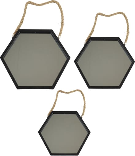 Orange85 Spiegel - Hexagon - Set 3 Delen - Zwart glas - Touw