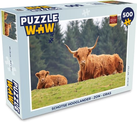 Puzzel Schotse hooglander - Zon - Gras - Legpuzzel - Puzzel 500 stukjes