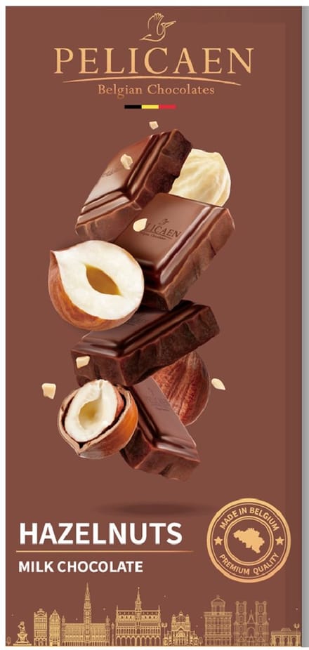 Pelicaen Belgian Chocolates - Chocoladereep - melk +8% hazelnoten - 100g x 12