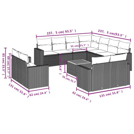 vidaXL - 12-delige - Loungeset - met - kussens - poly - rattan - beige