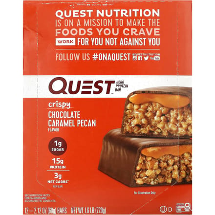 Quest Nutrition, barres protéinées Hero, saveur chocolat caramel et noix de pécan croustillantes, 12 barres de 60 g (2,12 onces) chaque