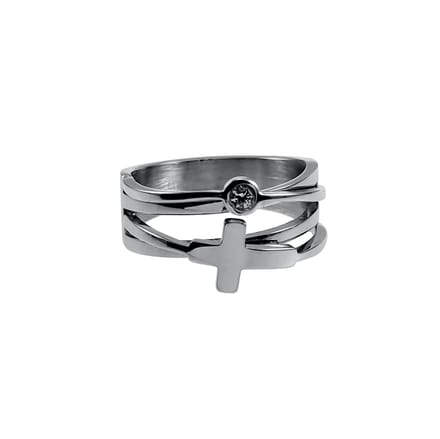 Ring Dames - Gepolijst RVS - Ring met Kruis en Zirkonia Steen - Brede Ring