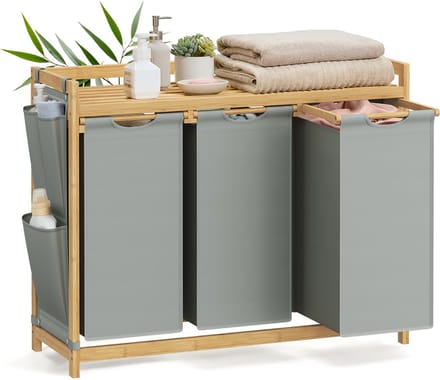 SONGMICS - Wasmand - Wasmand met 3 Vakken - Bamboe - 150L Capaciteit - Met Opbergrek
