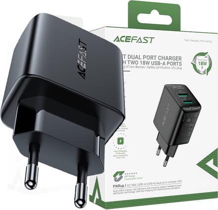 Acefast - wandlader - 2x USB 18W QC 3.0, AFC, FCP zwart - (A33 - zwart)