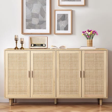 Opbergkast - 158 cm - Rattan Dressoir met 4 Deuren - Elegant en Functioneel - Rattan - Zwart