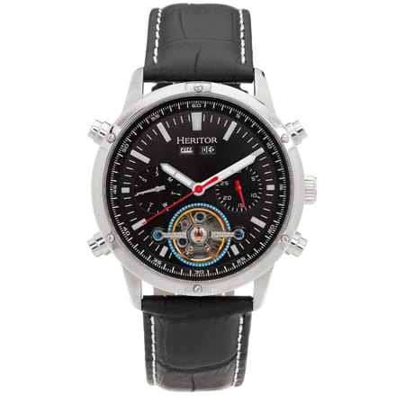 Heritor Automatic Wilhelm Semi-Skelet leren band horloge met dag/datum - Zwart