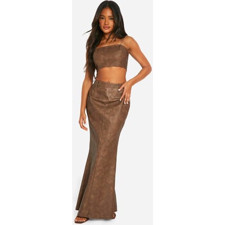 boohoo Dames Gewassen imitatieleer maxi-rok | Chocoladebruin | Maat: 34
