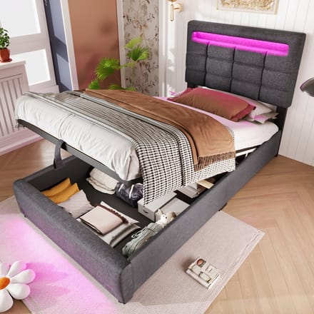 Gestoffeerd bed - 90x200cm - APP afstandsbediening - met LED-verlichting - zonder matras - met USB-aansluiting - grijs