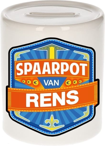 Bellatio Decorations Kinder spaarpot met naam - Rens - keramiek - met dop - wit - Sparen - Spaargeld van Rens