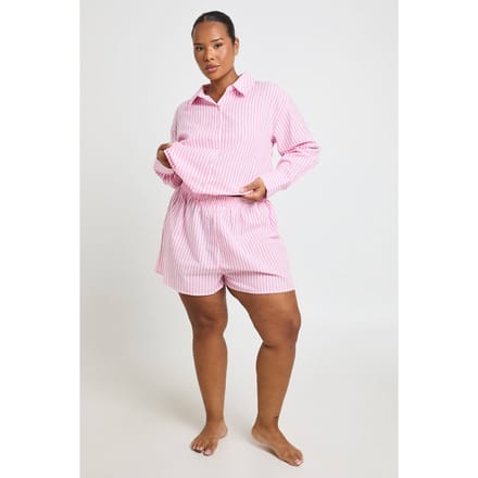 boohoo Dames Plus Katoenen Pyjamashort Met Krijtstreep | Roze | Maat: 52