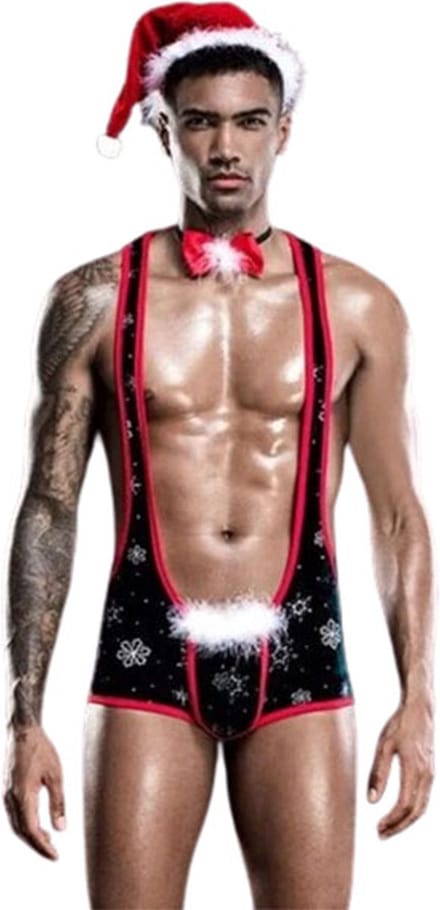 Erotische kerstman outfit - Jumpsuit - Kerstmuts - Strikje - Rollenspel - Kerst