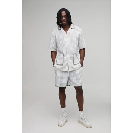 Tall Windowpane Check Blanket Stitch Oversized Short Sleeve Shirt & Baggy Short Set | White | Size Medium