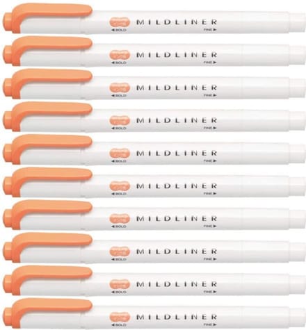 Zebra Mildliner Double-Sided Highlighter - Fine / Bold – Mild Apricot Set van 10 + een Luxe Zipperbag - WKT7-MAP