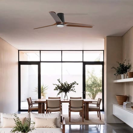 FARO BARCELONA LED-ventilator Heywood L, Ø 132 cm, zwart/houtkleur, DC, CCT