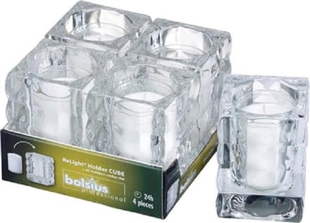 4 stuks - Bolsius - transparant glazen - Relight refillkaarsen houders cube 98/76 met kaars