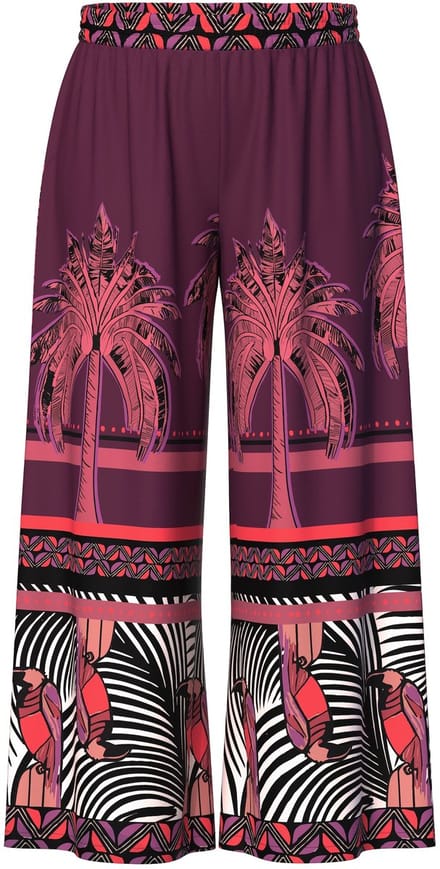 Ulla Popken - Dames - Wijde broek palmen wijde pijpen elastische tailleband - Purper - Maat 50+