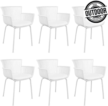 KICK® OTIS Tuinstoelen – Set van 6 – Met Armleuningen – Met Zitkussen – Kunststof – Wit