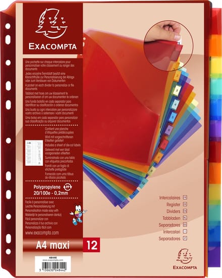 Exacompta 10x Tabbladen PP met L map en etikettenhouder - 12 tabs - A4 maxi - Geassorteerd - 4844E