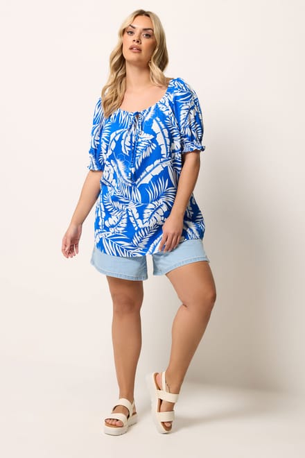 Yours Donkerblauwe Blouse Met Palmprint En Striksluiting Size 42