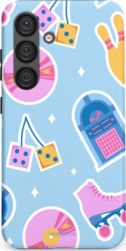 Casetastic hoesje geschikt voor Samsung Galaxy S25 - Dubbellaagse bescherming - Flashback vibes - Fashion Case - Lichtblauw Lavendel Wit