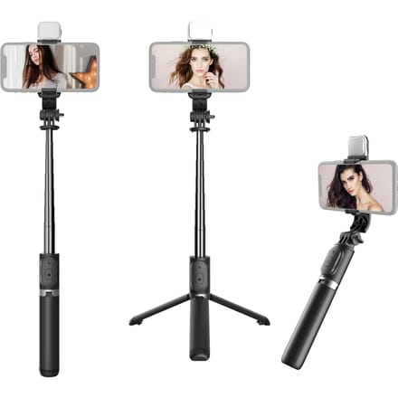 Multifunctionele Draadloze BT Selfiestick Draagbaar Uitschuifbaar Statiefstandaard met Invullicht 104.5cm zwart