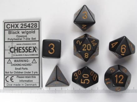 Chessex Opaque Zwart goud Polydice Dobbelsteen Set 7 stuks.