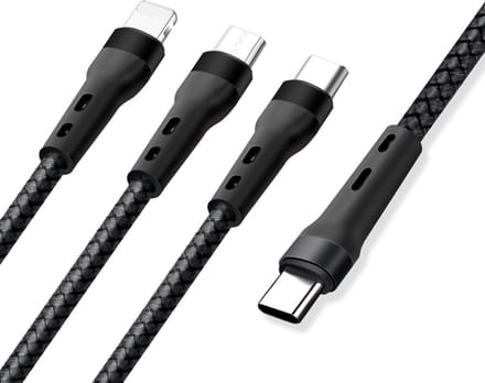 Multi oplader kabel USB-C naar USB-C / Micro-USB / 8-pin- snelladen - - geschikt voor Lightning - adapter geschikt voor o.a. iPhone en Samsung - 1,3 meter - zwart