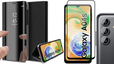 Hoesje geschikt voor Samsung Galaxy A04s / A13 5G - Screenprotector FullGuard & Camera Lens Screen Protector - Book Case Spiegel Zwart