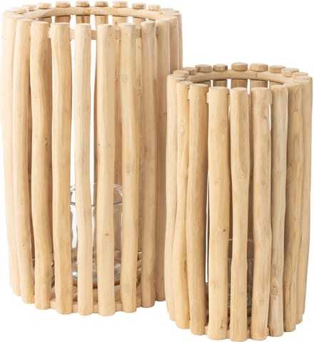 J-Line lantaarn - hout - naturel - set van 2