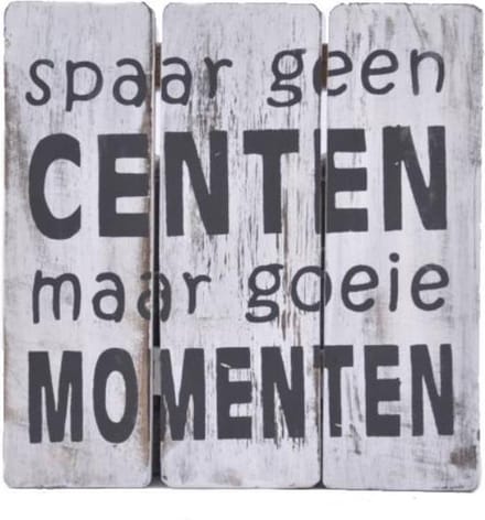 Houten Tekstplank / Tekstbord 20cm "Spaar geen centen maar goeie momenten" - Kleur Antique White