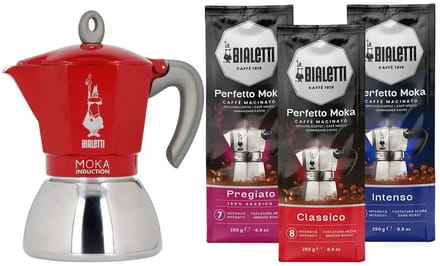 Bialetti Moka Inductie Rood - 2-kops - 100ml + Bialetti Koffie Proefpakket 3 x 250gr
