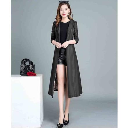 Manteau en cuir mi-long automne et hiver style coréen mode mince manteau mince coupe-vent en cuir pour femme M gray