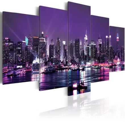 Schilderij - Paarse Nacht over New York , 5 luik