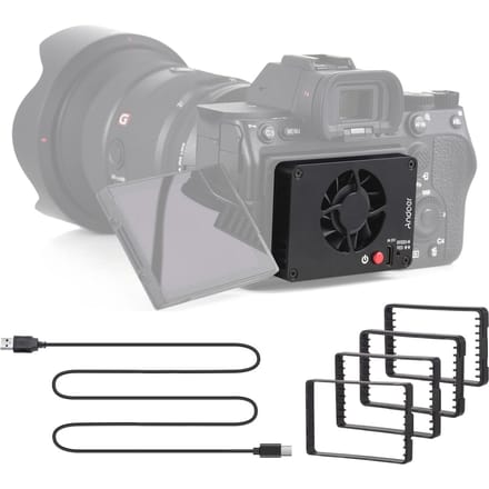 Andoer FS-04B camerakoelventilator extern koelsysteem met 2 ventilatorsnelheden 4 stuks montageadapter zwart