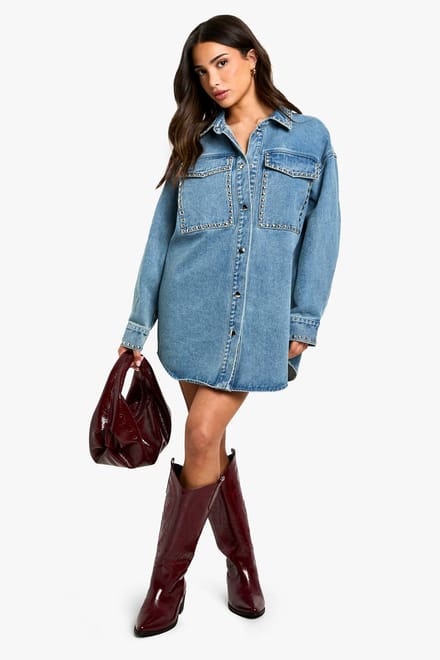 boohoo Dames Petite Stud Detail Denim Oversized Shirtjurk | Blue | Maat: 16