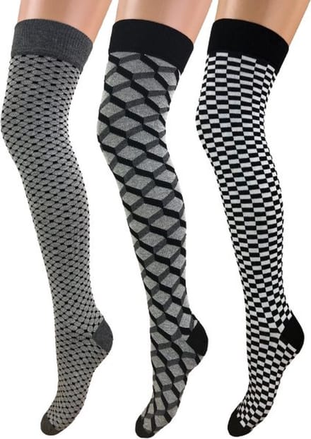 3 paar Overknee kousen - Grafisch - Zwart/Grijs/Wit