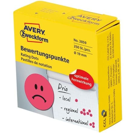 Beloningssticker Avery smiley - Ø 19 - rood - boos gezicht - 250