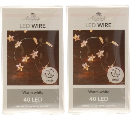 Anna's Collection Draadverlichting lichtsnoer - 2x - 40 sterren - lampjes - led - warm wit - 200 cm - lichtdraad