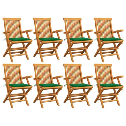 vidaXL - Opklapbare - stoelen - met - groene - kussens, - 8 - stuks, - massief - teakhout