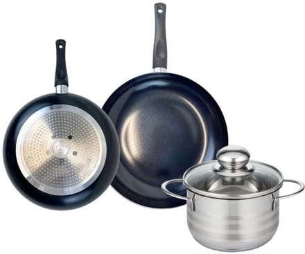 Set van 2 Koekenpannen 20 en 24 cm en 1 braadpan 16 cm Elo Prima Glanzend
