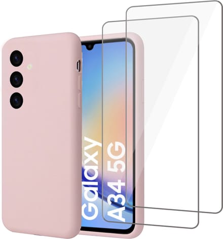 Geschikt voor Samsung A34 Hoesje + 2x Screenprotector – Gehard Glas Cover - Suède Case Rose