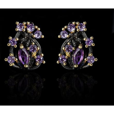 Boucles d'oreilles fleur en zircon violet pour femmes, élégantes, classiques, noires et dorées black