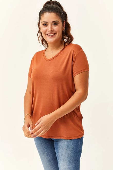 Dames XL V-Hals Basic Kortemouw T-Shirt, Kastanjerood